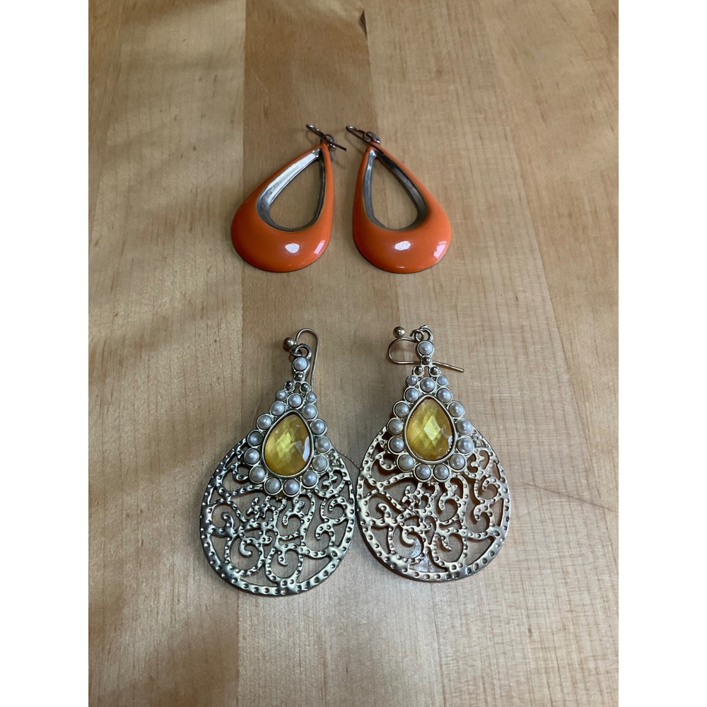 2 Pair Bundle Boho Orange Enamel & Silver Tone Filigree Faux Pearl Earrings
